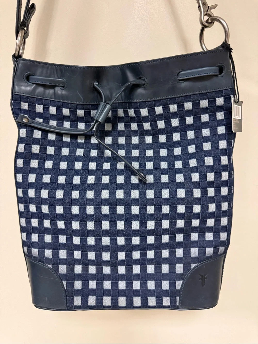 Frye Navy Denim Check Drawstring Hobo